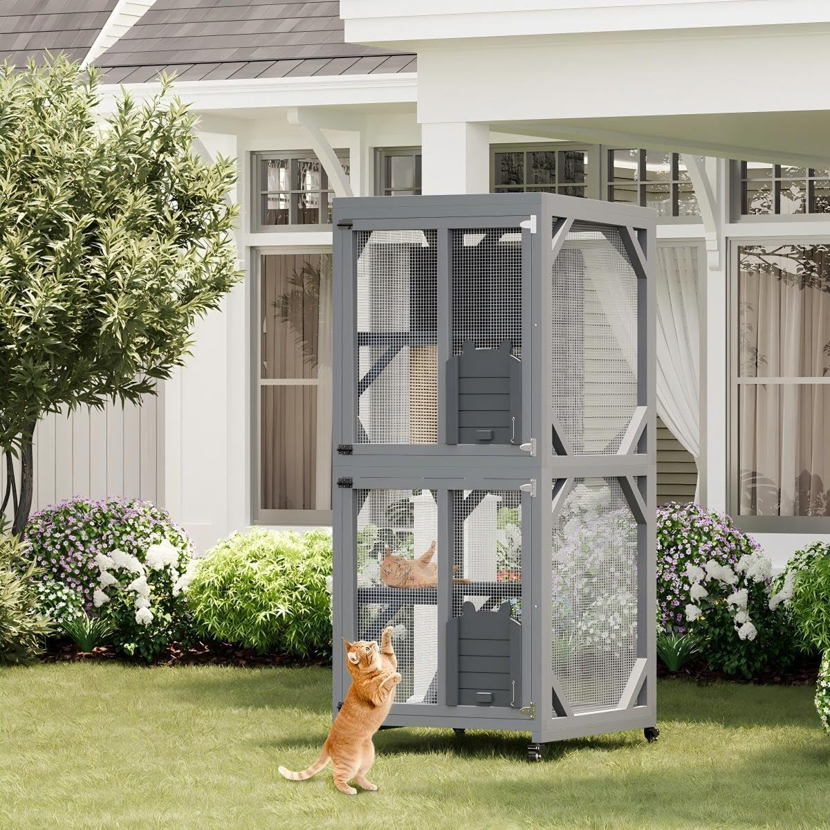 68'' Window Catio Outdoor Cat Enclosure On Wheels, Large Cats Kitty House with Waterproof Roof, Cat Playpen Outside Cattery with Platforms, Resting Box and Scratching Post