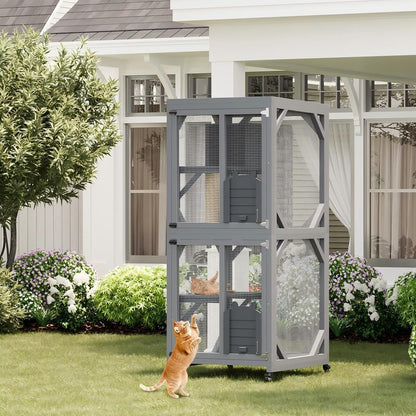 68'' Window Catio Outdoor Cat Enclosure On Wheels, Large Cats Kitty House with Waterproof Roof, Cat Playpen Outside Cattery with Platforms, Resting Box and Scratching Post