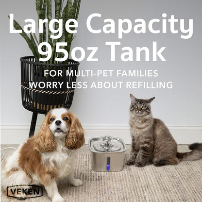 Veken Innovation Award Winner Stainless Steel Cat Water Fountain, 95oz/2.8L Automatic Pet Fountain Dog Water Dispenser with Replacement Filters & Silicone Mat, Gifts for Christmas, Cats, Dogs (Silver)