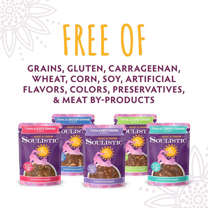 Soulistic Moist and Tender, Tuna and Duck Dinner in Gravy, 3oz Pouch, Pack of 8