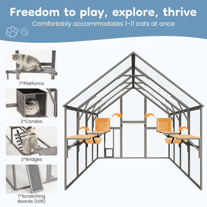 Extra Large Catio – Walk-in Outdoor Cat Enclosure for Multiple Cats, 110" Multi-Level Wood Cat Patio Playpen with Weatherproof Roof, Bridges, Condos and Door Access