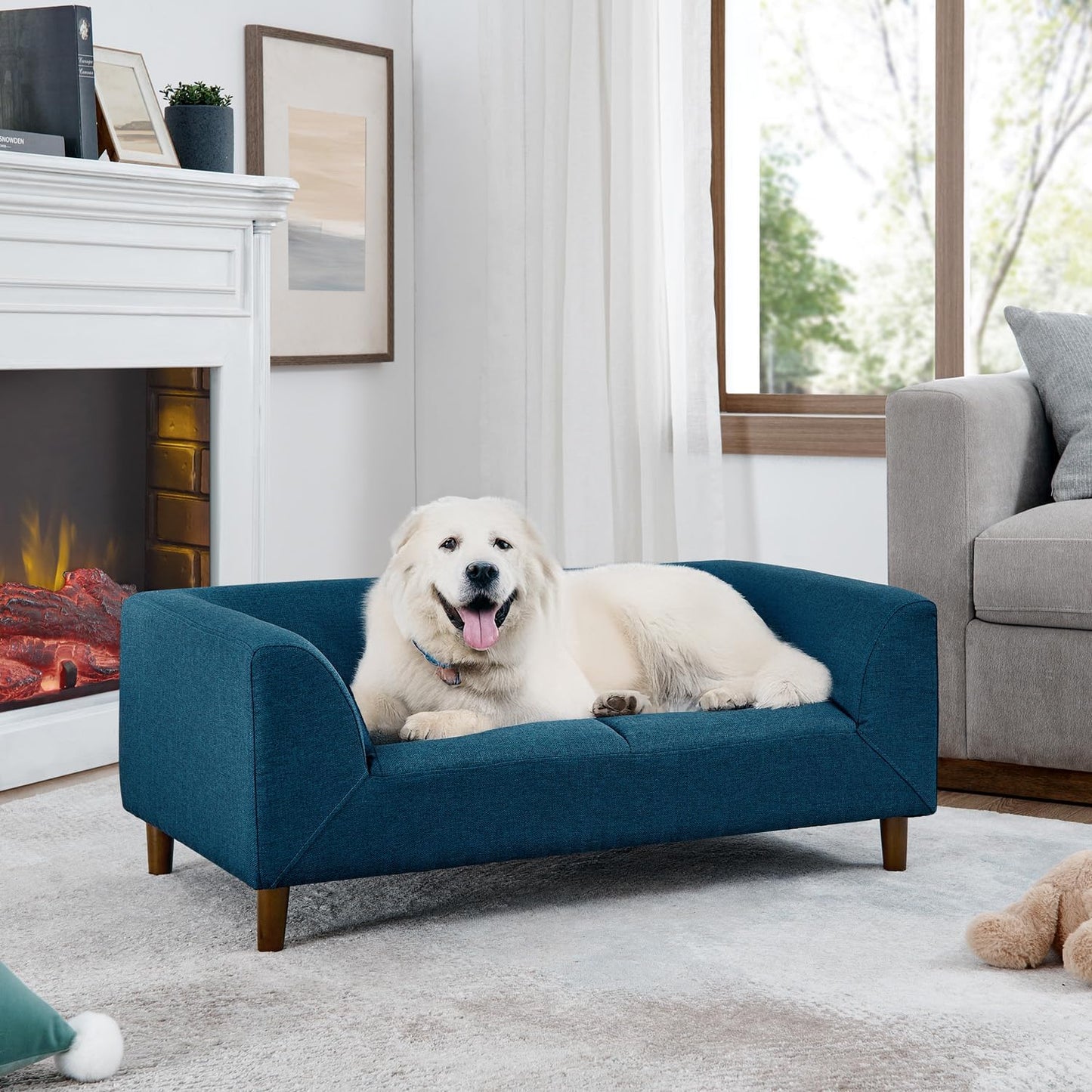 39" Dog Couch Bed, Comy Linen Fabric Pet Sofa with Backrest and Armrests, Elevated Dog Chair with Wooden Legs for Dogs and Cats, Easy to Clean (Blue)