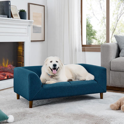 39" Dog Couch Bed, Comy Linen Fabric Pet Sofa with Backrest and Armrests, Elevated Dog Chair with Wooden Legs for Dogs and Cats, Easy to Clean (Blue)