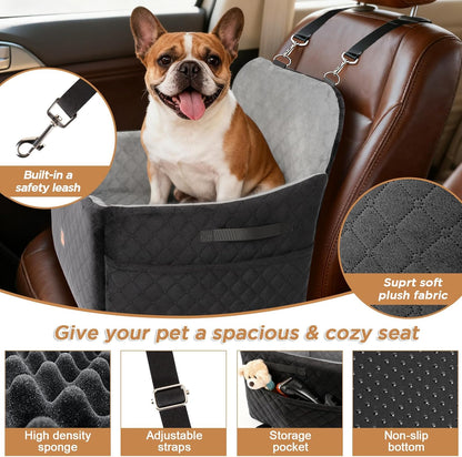Dog Car Seat for Small/Medium Dogs Up to 35lbs, Pet Booster CarSeat with Thick Cushion, Detachable Washable Pet Car Bed with Storage Pockets, 2 Safety Belts (Grey)