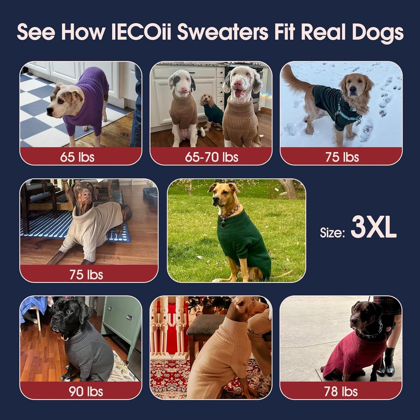 IECOii XXXL Dog Sweater,Warm Dog Sweaters for Extra Large Dogs Girl Boy,Stretchy & Cozy,Turtleneck Knitted Pullover for Pet Wear On Holiday,Easy On Doggy Sweatshirt for Labrador (Blue,XXXL)