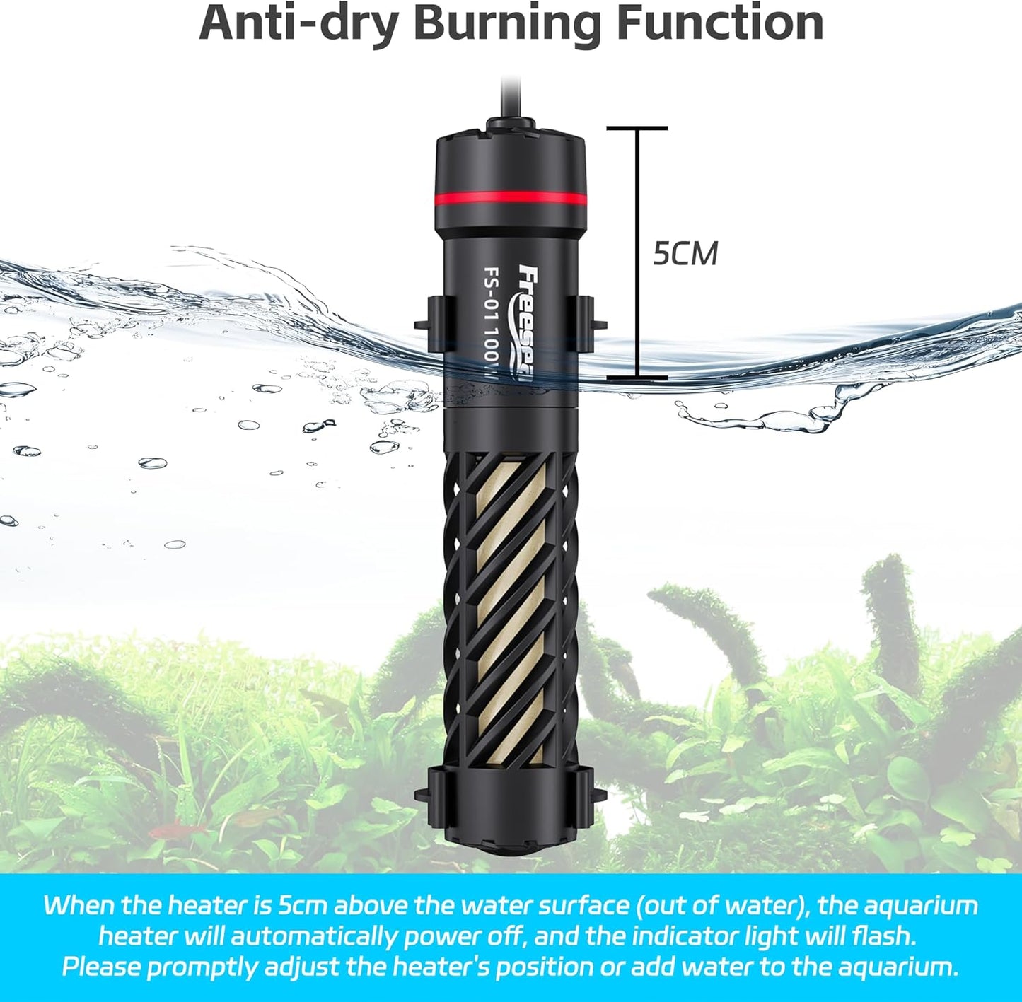 FREESEA Aquarium Heater for Fish Tank: 100W Small Submersible Thermostat with Off-Water Protection & UL Certified Cord for 10-20 Gallon Fish Turtle Tanks Enthusiasts