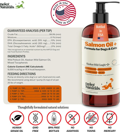 Deley Naturals Wild Alaskan Salmon Oil for Dogs - New & Improved Salmon Oil Plus Formula - Fish Oil for Dogs with DHA EPA Omega 3 & 6 Fatty Acids - Omega 3 Fish Oil for Skin & Coat - 16oz Made in USA