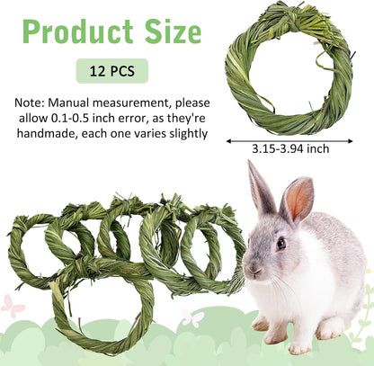 Hamiledyi 12 PCS Natural Rabbit Timothy Hay Toy Donut Guinea Pig Chew Toys Handmade Small Animals Treats Timothy Grass Molar Teeth Grinding Snacks for Bunny Chinchilla Hamster Gerbil Rat