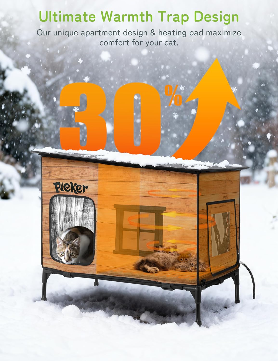 Heated Cat House for Outside: Apartment Design 31.5" Waterproof & Insulated Outdoor Cat House for Winter, Weatherproof Elevated Feral Cat Shelter with Heating Pad, Warm Houses for Outdoor Cats Stray