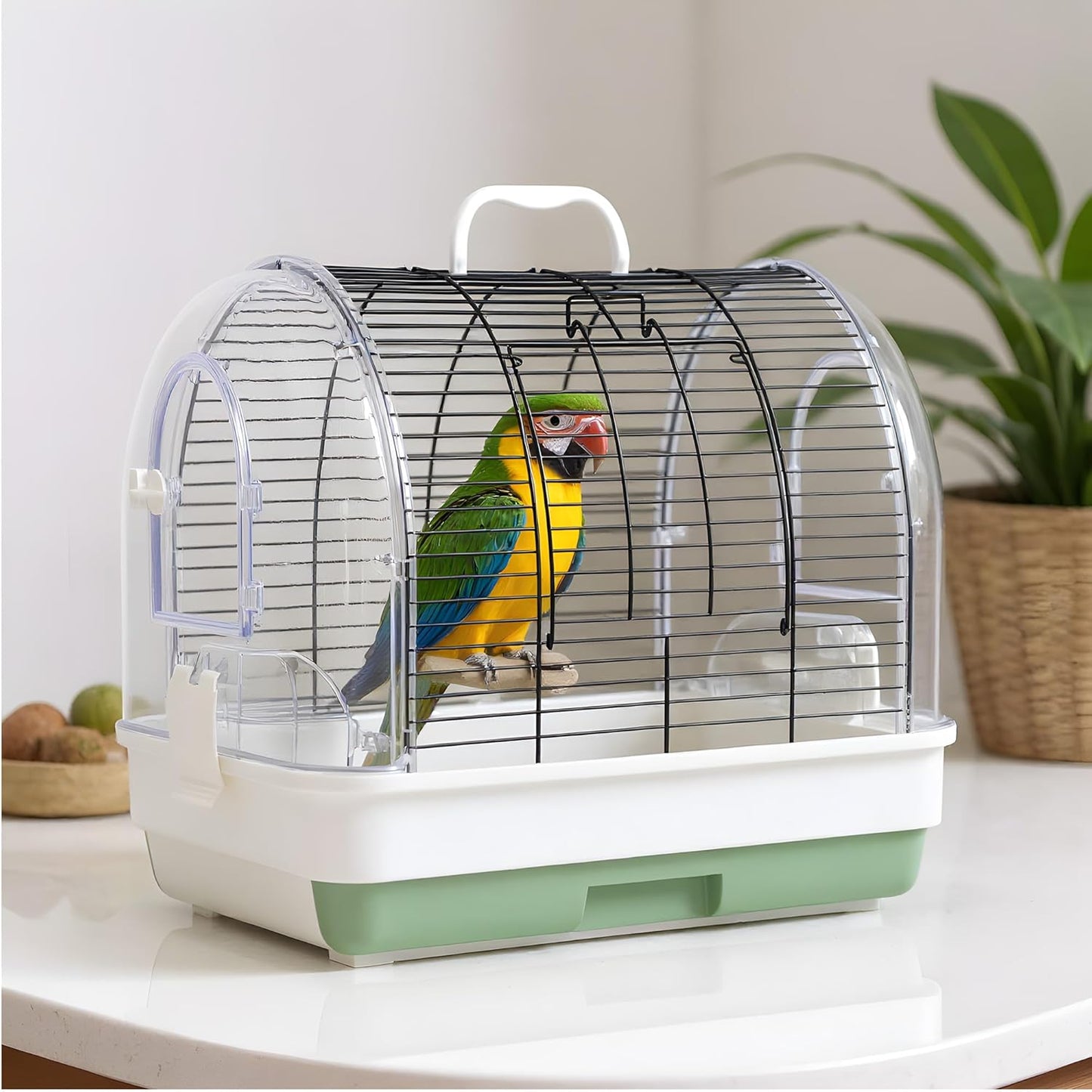 Portable Bird Cage Carrier for Small to Medium Birds,Secure Multi-Access Locking Doors, Easy-to-Clean Slide-Out Tray, and Natural Wood Perches with Transparent Feeders