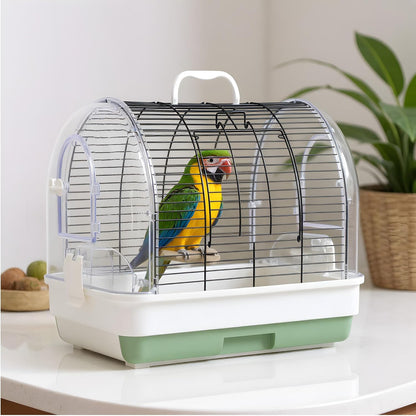 Portable Bird Cage Carrier for Small to Medium Birds,Secure Multi-Access Locking Doors, Easy-to-Clean Slide-Out Tray, and Natural Wood Perches with Transparent Feeders