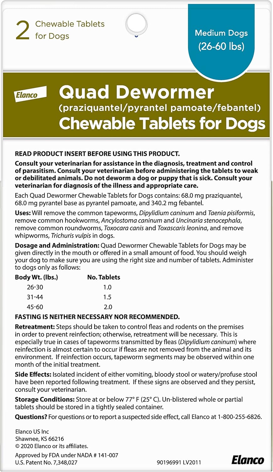 Elanco Chewable Quad Dewormer for Medium Dogs, 26-60 lbs, 2 chewable tablets