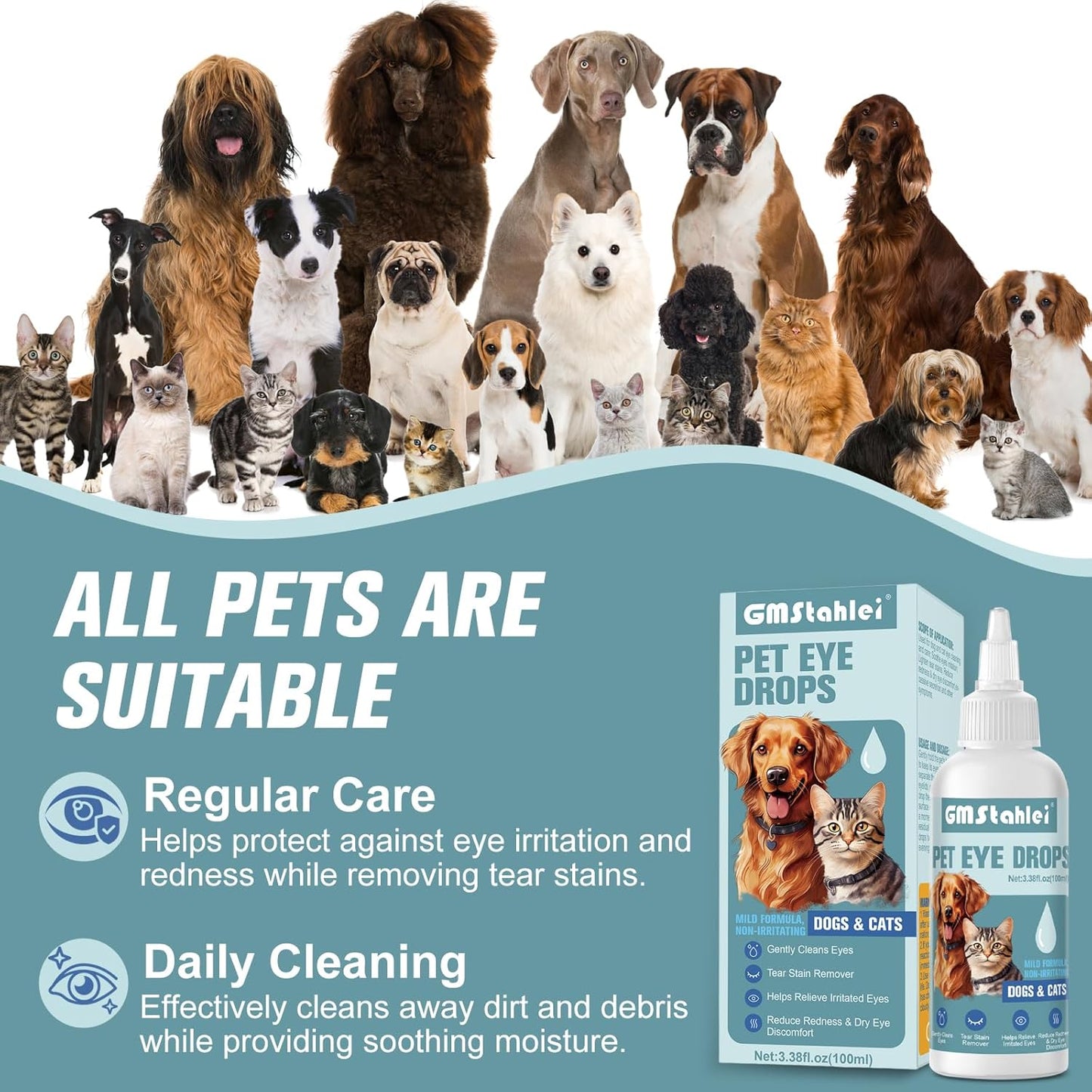 Pet Eye Drops for Dogs & Cats – Soothe Eye Infections,Allergies, Relieve Dogs Cats Dry Eyes Pink Eyes,Eye Wash for Pet Cleaning,Tear Stain Remover,Safe & Gentle Formula for All Animals (100ML)