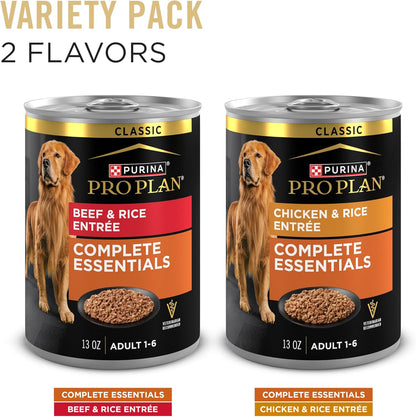 Purina Pro Plan Complete Essentials Wet Dog Food Chicken and Rice Entree and Beef and Rice Entree Variety Pack - (Pack of 12) 13 oz. Cans