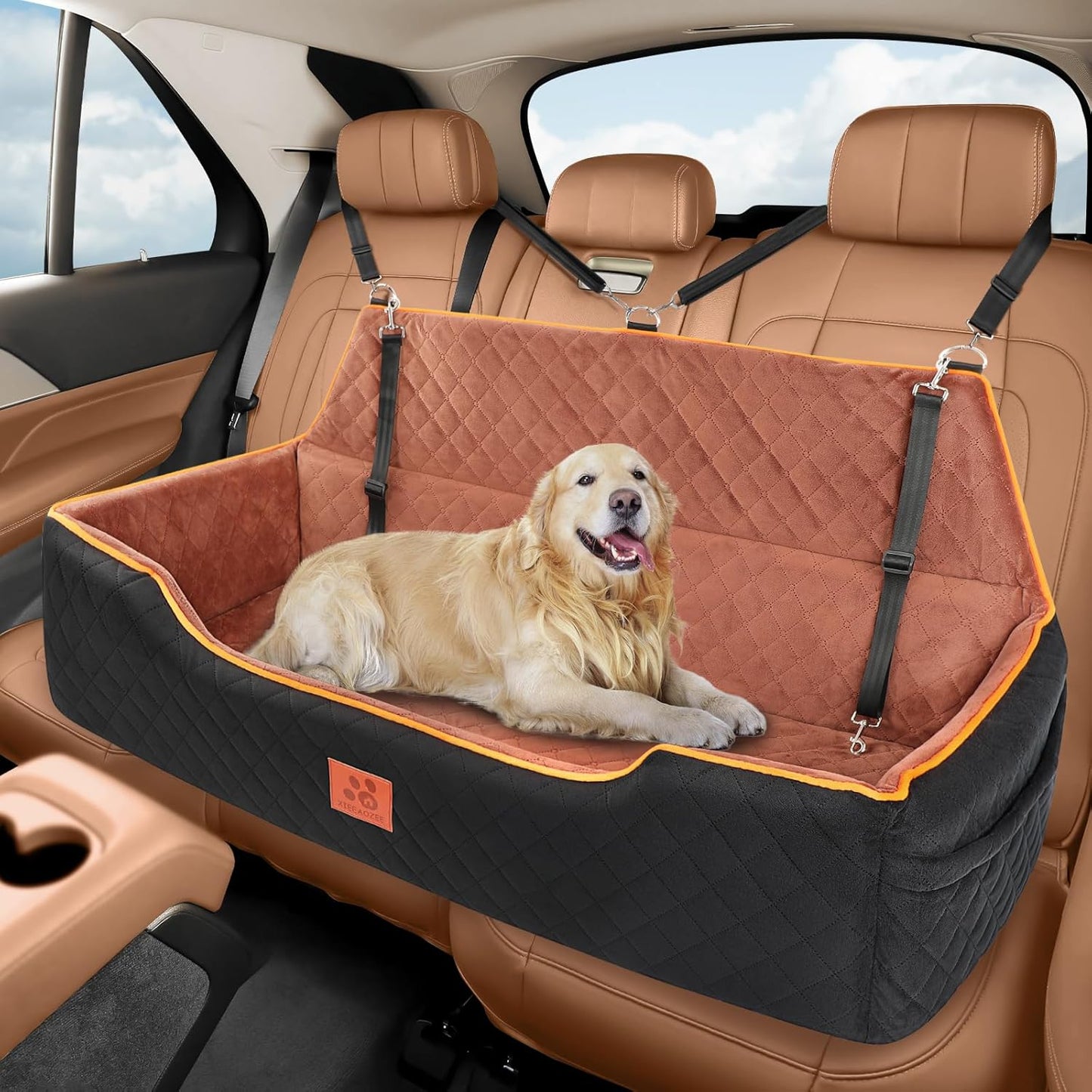 Large Dog Car Seat for Dods Under 100 Lbs, Memory Foam Dog Car Bed for Backseat & Trunk, Detachable and Washable Cover, Pet Travel Seat with Storage Pockets,2 Safety Belts
