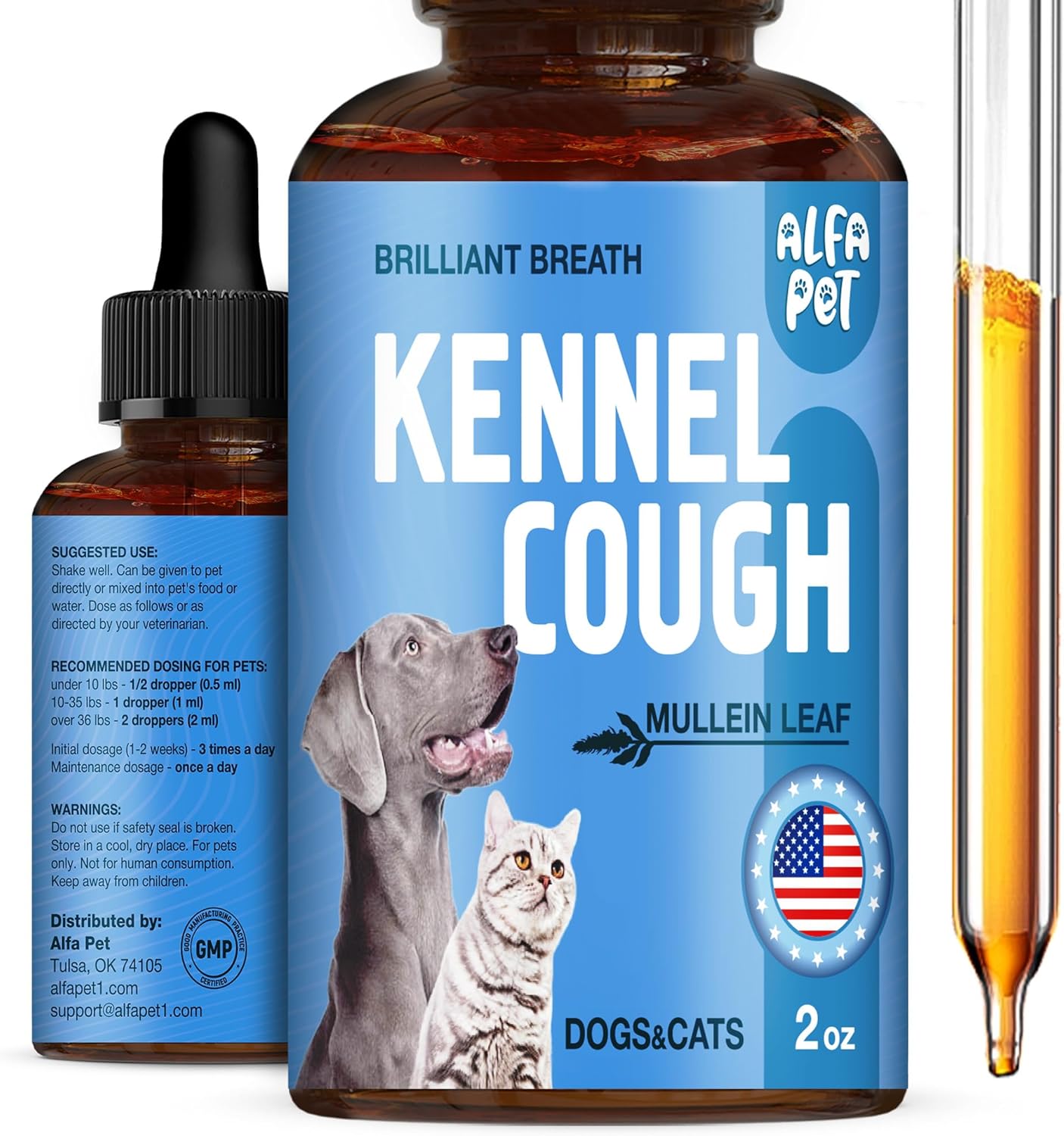 Dog Cough Treatment Liquid • Kennel Cough Medicine for Dogs & Cats • For Breathing During All Life Cycle • Marshmallow Root + Mullein Leaf in the Composition • Natural Supplement for All Breeds • 2 Oz