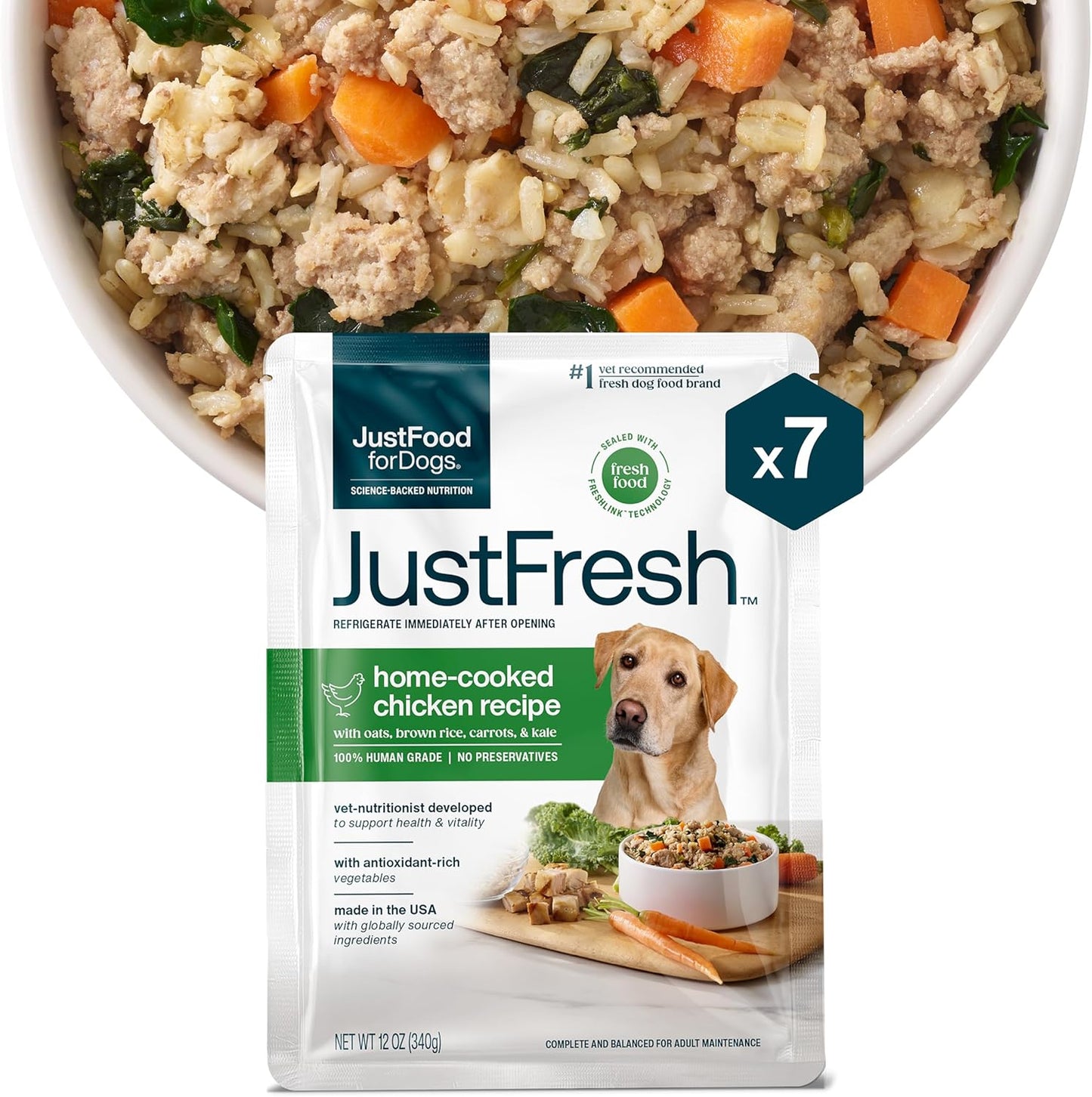 JustFoodForDogs JustFresh Wet Dog Food, Fresh Pet Meals and Toppers with No Preservatives, Resealable Package, Human Grade, Home-Cooked Chicken, 12 oz - 7 Pack