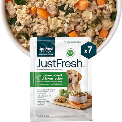 JustFoodForDogs JustFresh Wet Dog Food, Fresh Pet Meals and Toppers with No Preservatives, Resealable Package, Human Grade, Home-Cooked Chicken, 12 oz - 7 Pack