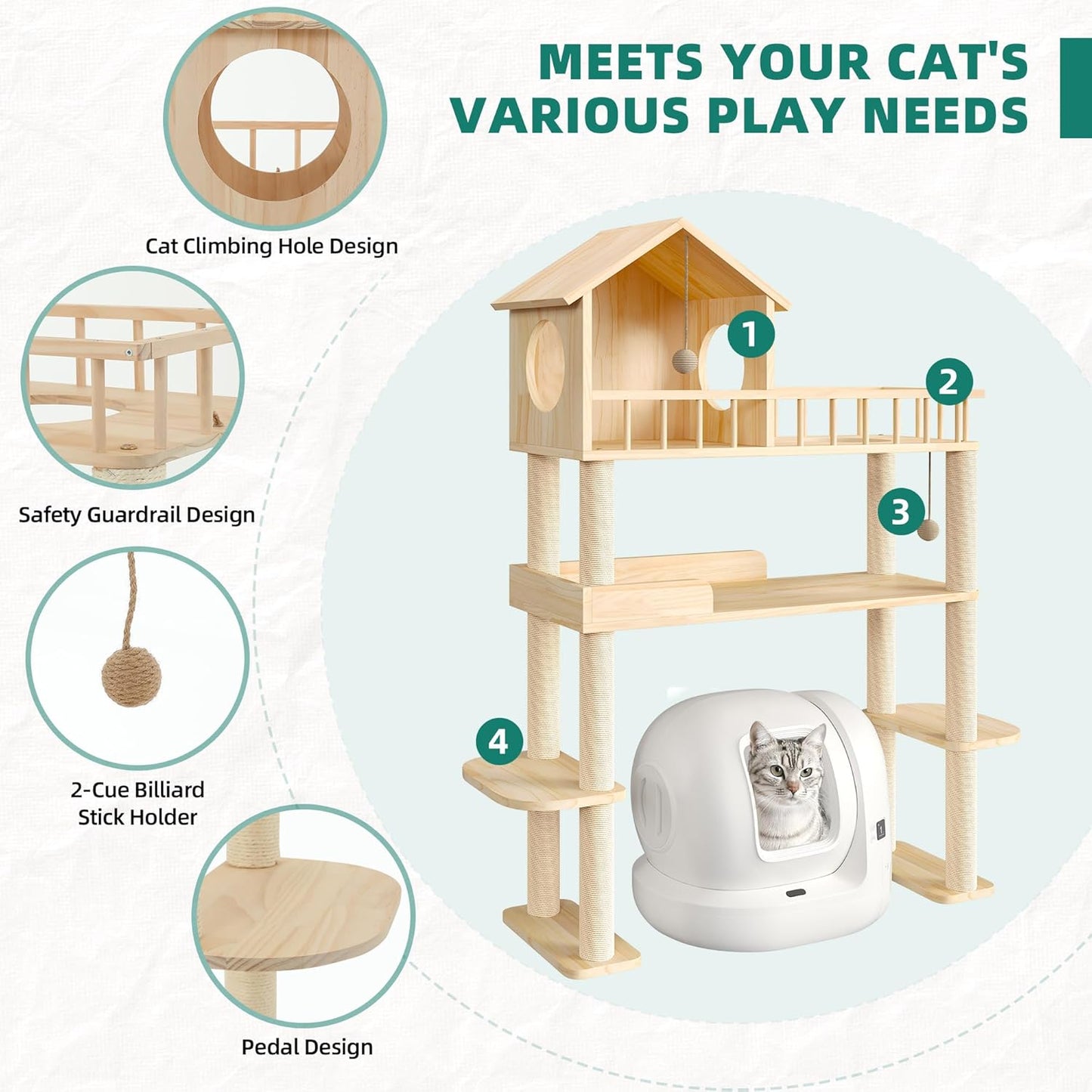 Wood Cat Tree for Automatic Litter Box, 60" Tall Cat Tower for Self Cleaning Litter Box, Cats Tree for Indoor Cats Large Adult, Multi-Level Solid Wood Cat Furniture w/Scratching Post, House