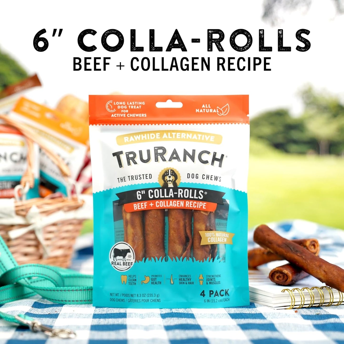 TRURANCH Collagen Rolls - 6" Collagen Rolls for Dogs - Long Lasting Healthy Joint Support Dog Treat - Rawhide Alternative - Skin & Coat Health - Made with Real Beef, 1 Bag, 4 Count