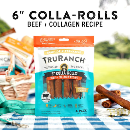 TRURANCH Collagen Rolls - 6" Collagen Rolls for Dogs - Long Lasting Healthy Joint Support Dog Treat - Rawhide Alternative - Skin & Coat Health - Made with Real Beef, 1 Bag, 4 Count