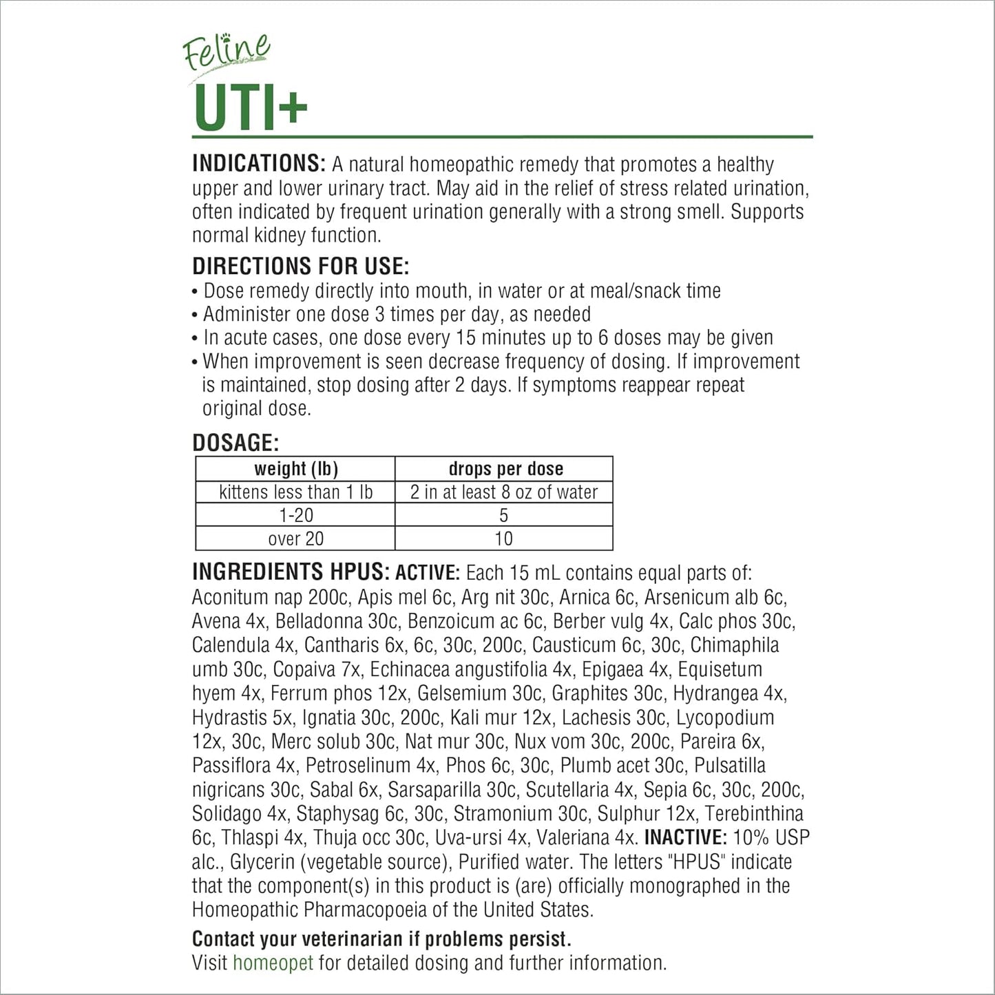HomeoPet Feline UTI Plus, Safe and Natural Urinary Tract Supplement for Cats, Feline Urinary Tract Support, 15 Milliliters