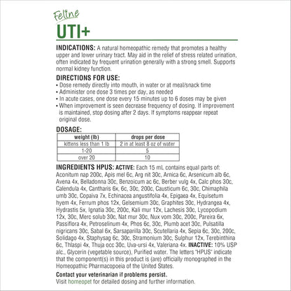 HomeoPet Feline UTI Plus, Safe and Natural Urinary Tract Supplement for Cats, Feline Urinary Tract Support, 15 Milliliters