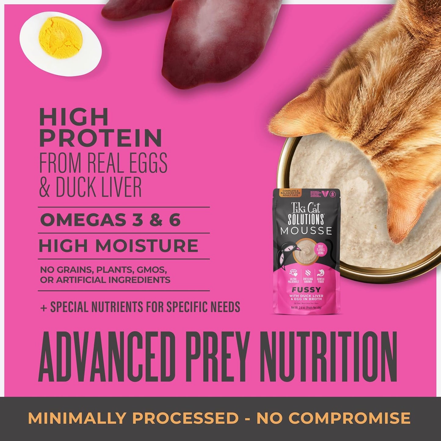 Tiki Cat Solutions Fussy Mousse, Duck Liver & Egg, Specially Formulated to Support Healthy Digestion, Functional Wet Cat for Adult Cats, 2.4 oz. Pouch (12 Count)