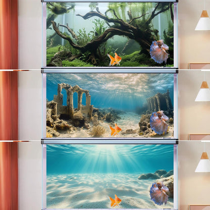 COMSUN 3 Pack Aquarium Background, 36x18 inches Polyester Aquarium Background, Cloth Fish Tank Background, Undersea Ruins Floor Sunshines & Tree Wood Branches Aquatic Plants