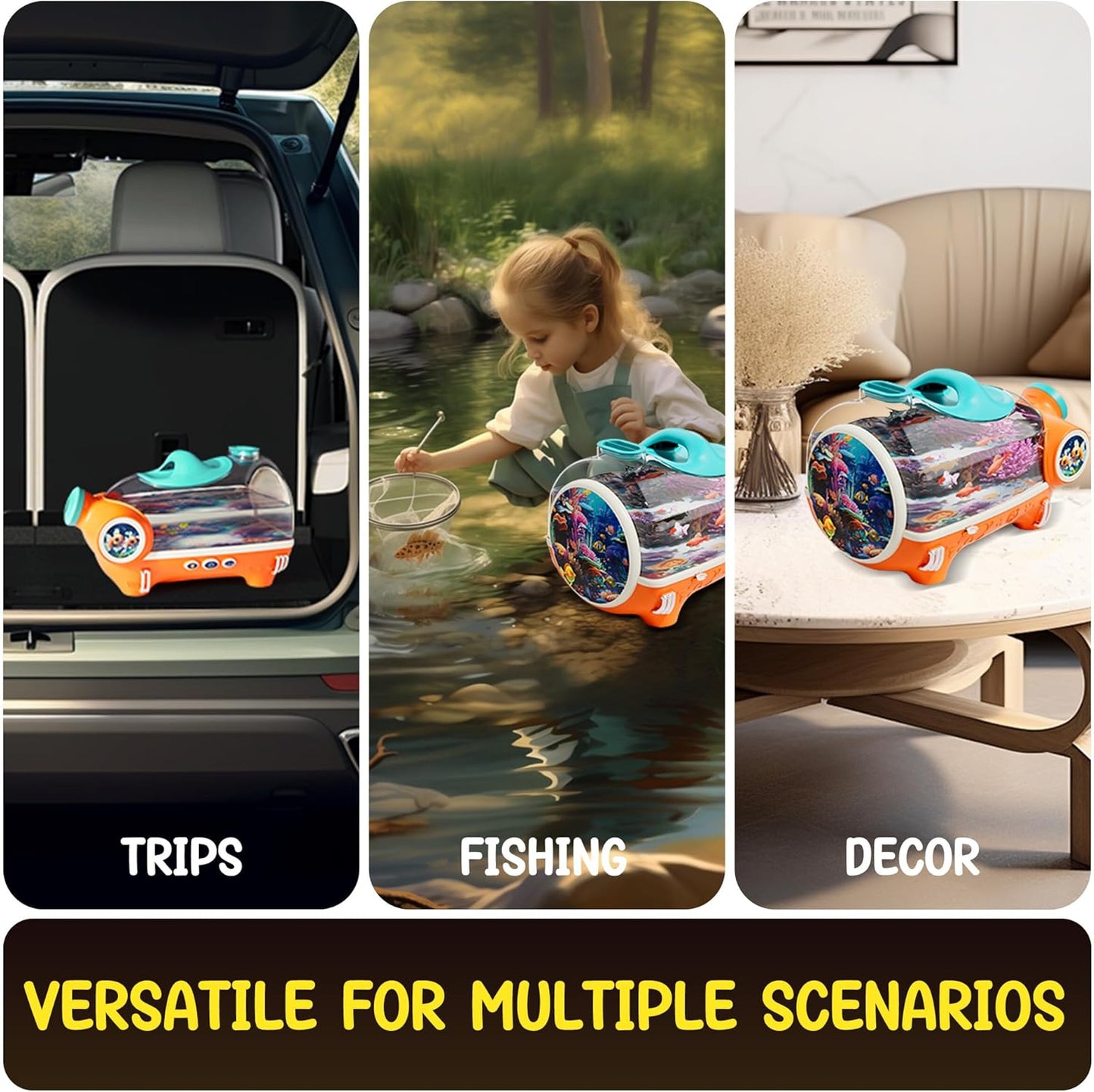 Small Fish Tank, Portable Betta Fish Tank for Kids with LED Light, Air Pump,Battery,Small Aquarium KIT - Perfect for Home Decor and Pet Care,Educational Science Gifts for Kids