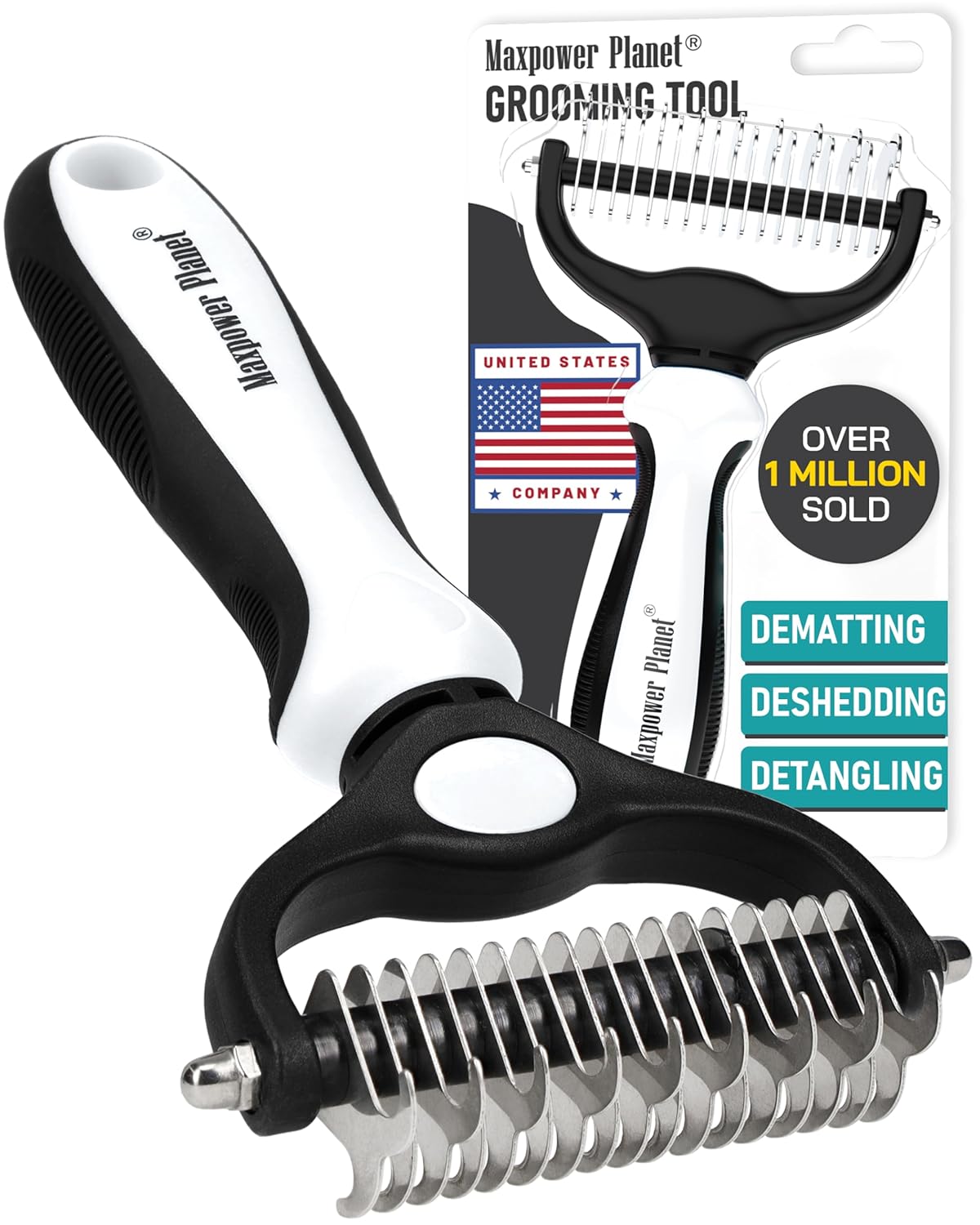 Maxpower Planet Pet Grooming Brush - Double-Sided Undercoat Rake for Dogs and Cats, Extra Wide, Reduces Shedding by 95%, White