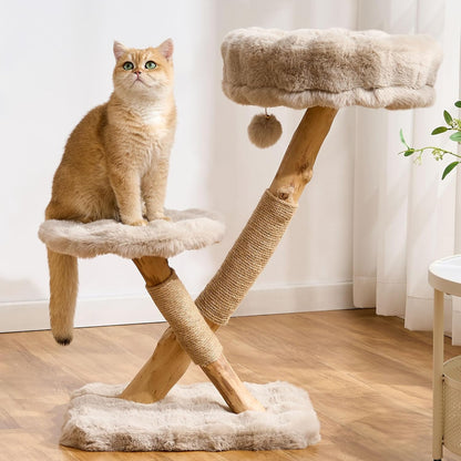 Natural Wood Cat Tree for Indoor Cats Adults, 33in Modern Cat Tree Tower with Super Soft Plush Cat Bed & Perch, Sisal Scratching Posts and Hanging Plush Ball, Soft Khaki