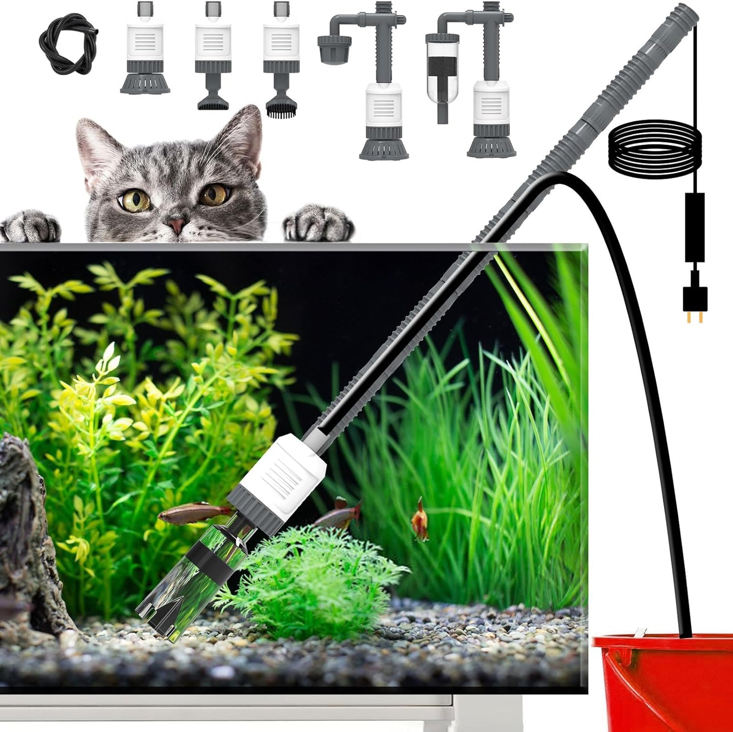 Fish Tank Cleaner, Aquarium Vacuum Gravel Cleaner Electric -6-in-1 Automatic Removable Vacuum with Adjustable 30W Motor Efficient Cleaning White1