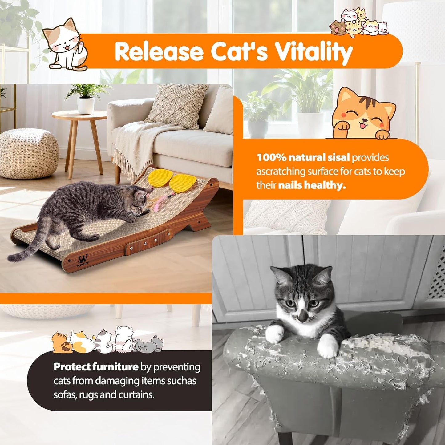 Sisal Cat Scratcher Bed, Natural Solid Wood Scratch Lounger, No Mess Scratching Chair Couch for Indoor Cats, 25.6 Inch Cat Scartching Pad, 3 in 1 Scratching Board, Furniture Protector