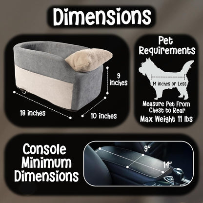 Center Console Dog Car Seat | 11 lbs MAX | Safety Straps & Leash | Comfortable Foam and Plush Pillows | Adjustable Mount Design | Large Storage Pockets | Perfect for Small Pets & Cats (Grey)