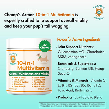Champ's Armor 10-in-1 Multivitamin Soft Chews for Dogs – Hip & Joint, Skin, Digestion, Immune, Heart, and Brain Health. Complete Daily Support w/Glucosamine, Salmon Oil, Probiotics & More – 120 Ct