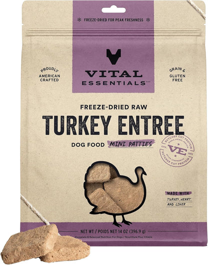 Vital Essentials Freeze Dried Raw Dog Food, Turkey Mini Patties Entree, 14 oz