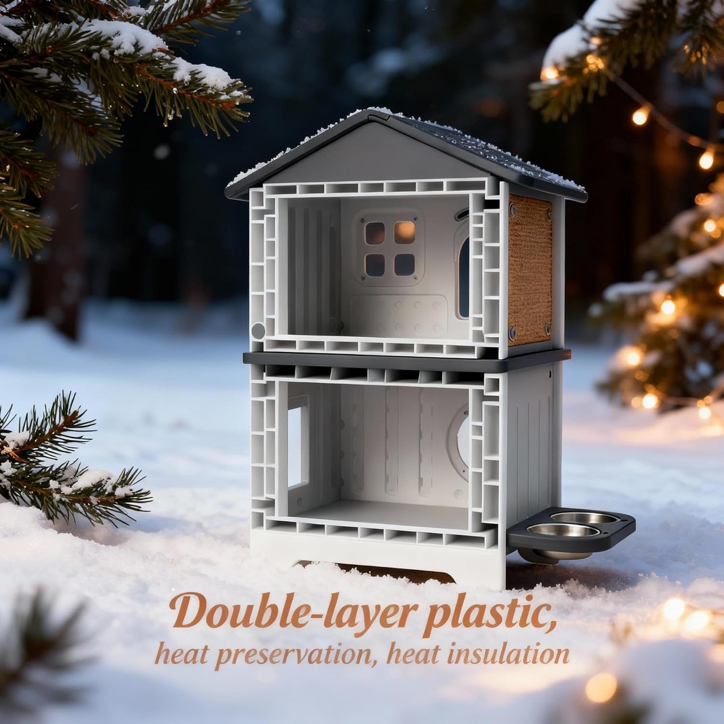 Weatherproof Outdoor Cat House Insulated for Feral Multi Cat, 2 Storey Plastic Elevated Cat Shelter with Escape Door, Scratching Post, Stainless Steel Bowl, Grey 35" D x 15" W x 20" H