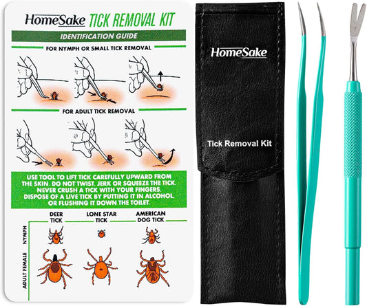 Homesake Tick Remover Tool & Tweezer Set for Dogs, Cats & Humans – Stainless Steel Tick Removal Kit with Storage Pouch & Free Tick ID Card – Safe & Effective Tick Puller