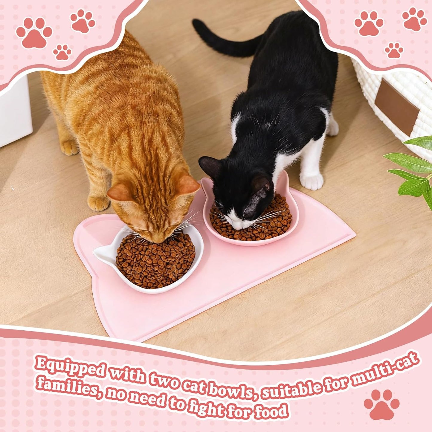 Ceramics Cat Food Bowls and No Spill Silicone Cat Ear Mat 3 Pcs Set Christmas Pet Dining Combo Gift Wide Shallow Cute Pet Dog Feeding Dish Thicker Nonslip Mat with Raised Edge for Small Medium Puppies