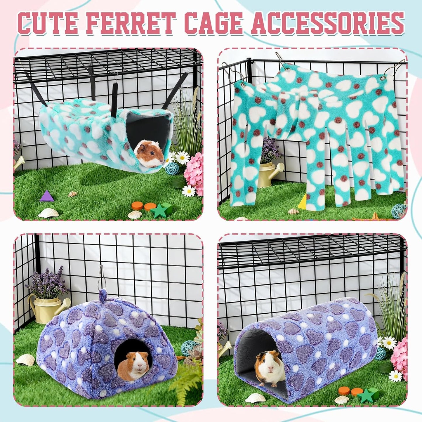 8 in 1 Winter Rat Cage Accessories Guinea Pig Hammock Ferret Cave Beds Guinea Pig Hideout Washable Soft Hamster Toys Hanging Tunnels Mats Curtains for Christmas Small Animals Pet Bunny Gifts