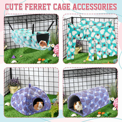 8 in 1 Winter Rat Cage Accessories Guinea Pig Hammock Ferret Cave Beds Guinea Pig Hideout Washable Soft Hamster Toys Hanging Tunnels Mats Curtains for Christmas Small Animals Pet Bunny Gifts