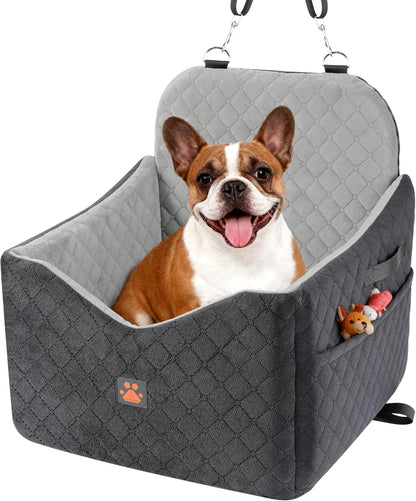 Dog Car Seat for Small/Medium Dogs Up to 35lbs, Pet Booster CarSeat with Thick Cushion, Detachable Washable Pet Car Bed with Storage Pockets, 2 Safety Belts (Grey)