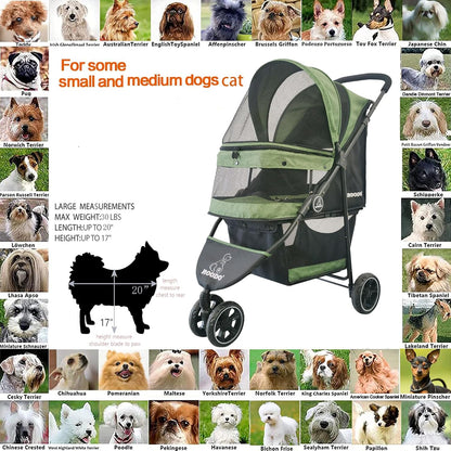 ROODO 3 Wheel Pet Stroller Best Lightweight Foldable Compact Portable Jogger All Terrain Travel Pet Gear Puppy Kitty Stroller for up to 30lbs Medium Small Dogs and Cats(Green)