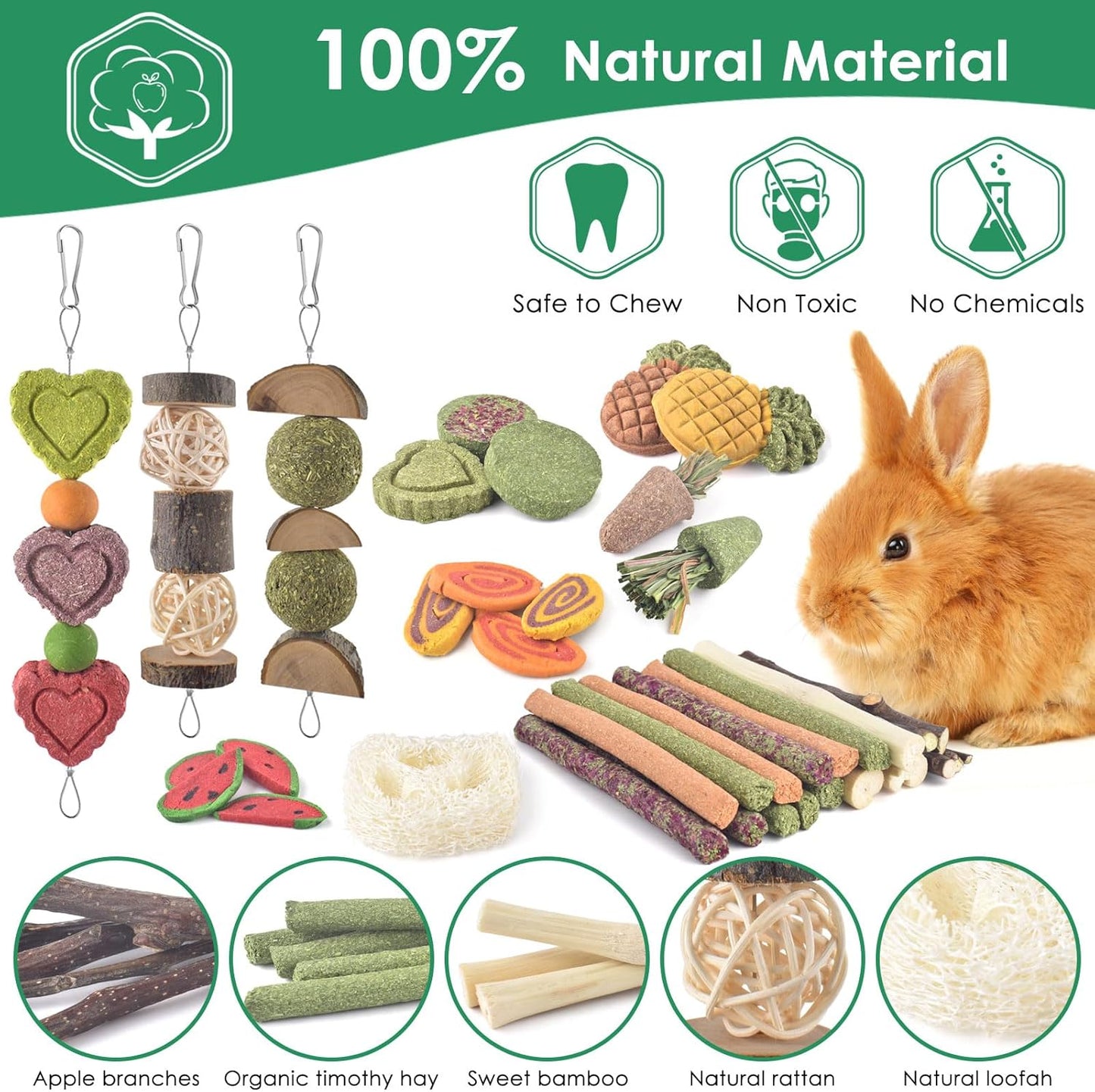 KATUMO 38 PCS Rabbit Chew Toys with 3 Types of Strung Hanging Toys, Natural Bunny Teeth Care Chew Kit Apple Wood Sweet Bamboo Grass Timothy Sticks for Guinea Pig, Hamster, Chinchilla, Small Animals