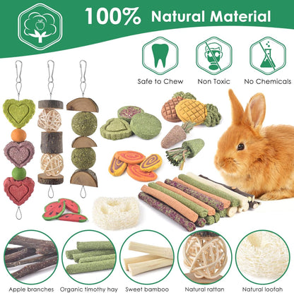 KATUMO 38 PCS Rabbit Chew Toys with 3 Types of Strung Hanging Toys, Natural Bunny Teeth Care Chew Kit Apple Wood Sweet Bamboo Grass Timothy Sticks for Guinea Pig, Hamster, Chinchilla, Small Animals