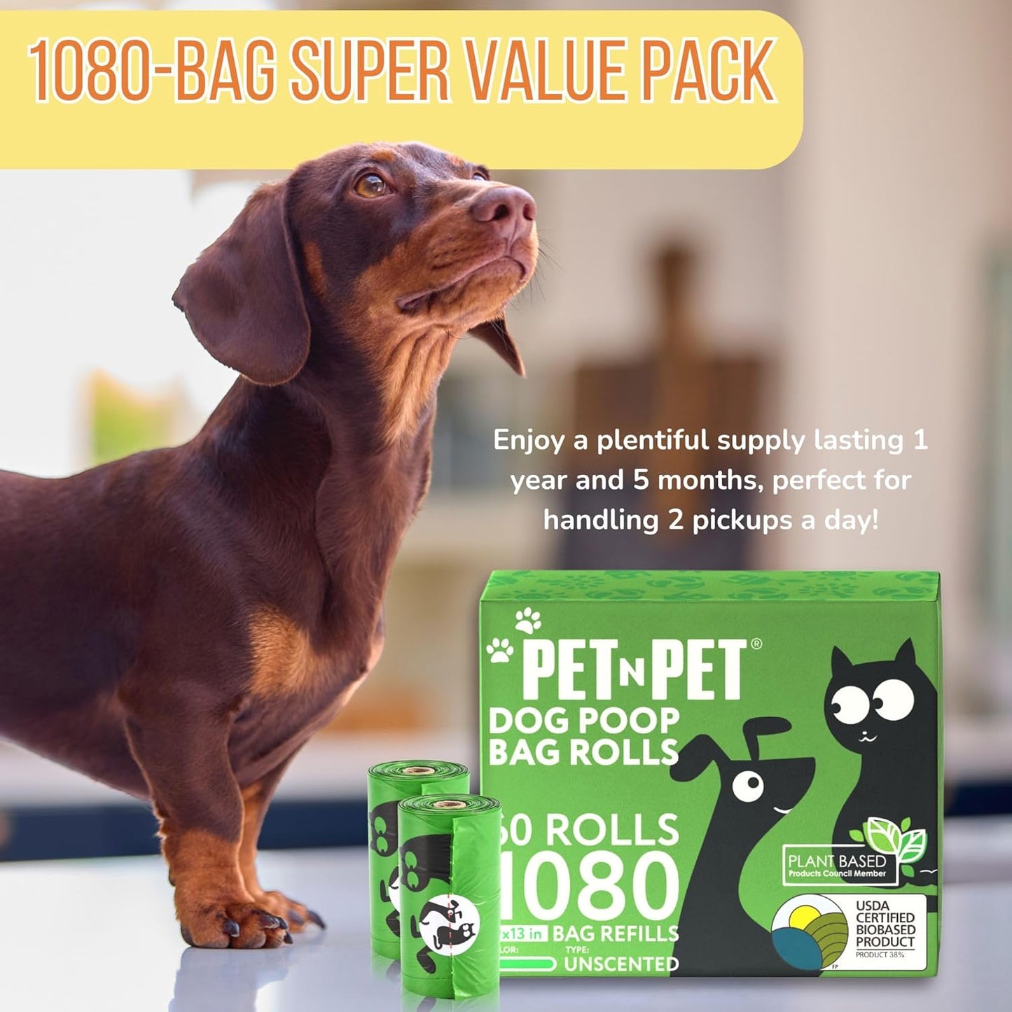 Pet N Pet 1080 Counts Green Poop Bags for Dogs, 38% Plant Based & 62% PE + 100% Plant Based Dog Wipes for Paws and Butt, 8" x 8" Hypoallergenic Wipes
