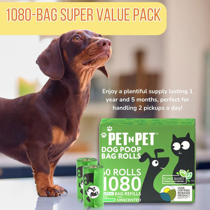 Pet N Pet 1080 Counts Green Poop Bags for Dogs, 38% Plant Based & 62% PE + 100% Plant Based Dog Wipes for Paws and Butt, 8" x 8" Hypoallergenic Wipes