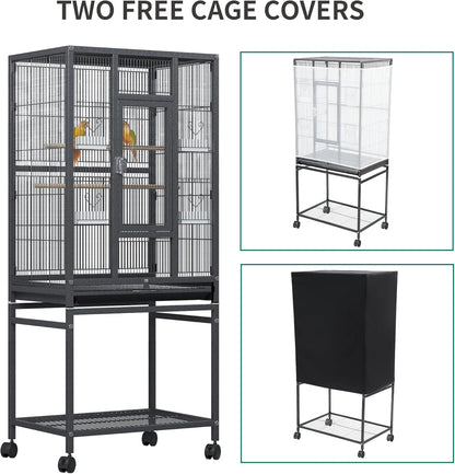 YITAHOME 53.9 inches Metal Bird Cage for Parakeets: Large Parrot Cages with Seed Catcher & Birdcage Cover with Rolling Stand & Brakes for Lovebirds Cockatiels Pigeon Finches, Black