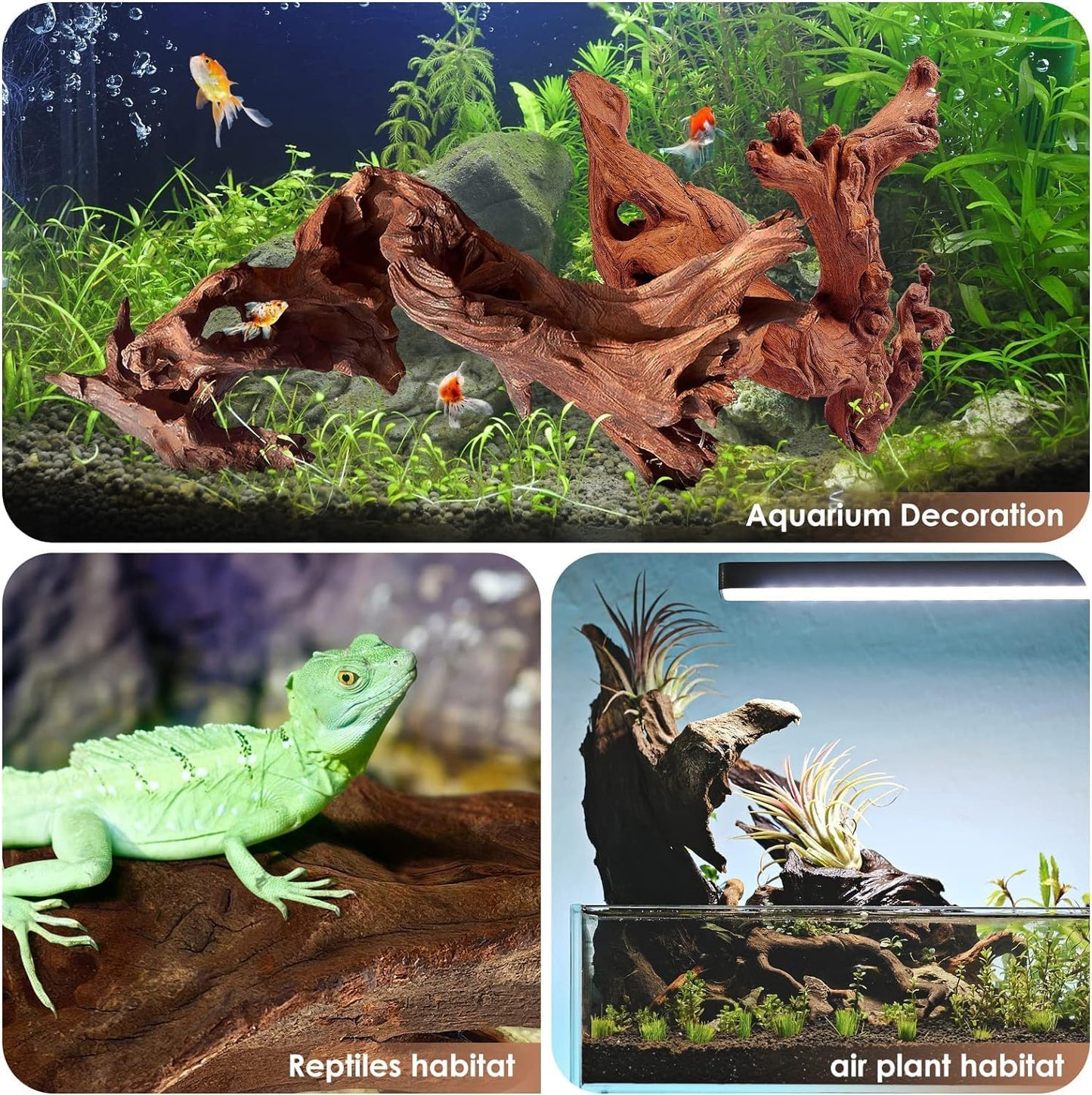 Natural Aquarium Driftwood for Fish Tanks & Reptile Terrariums – Safe Fish Tank Decorations, Unique Twisted Branches 3-Piece 7-11 Inch Low Tannin, Easy to Sink
